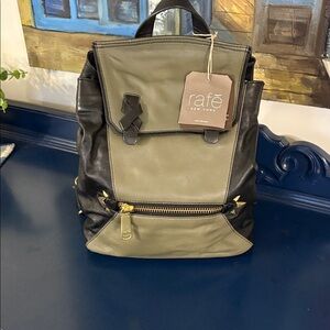 NWT RAFE Italian Leather Black and Olive green  Large Backpack